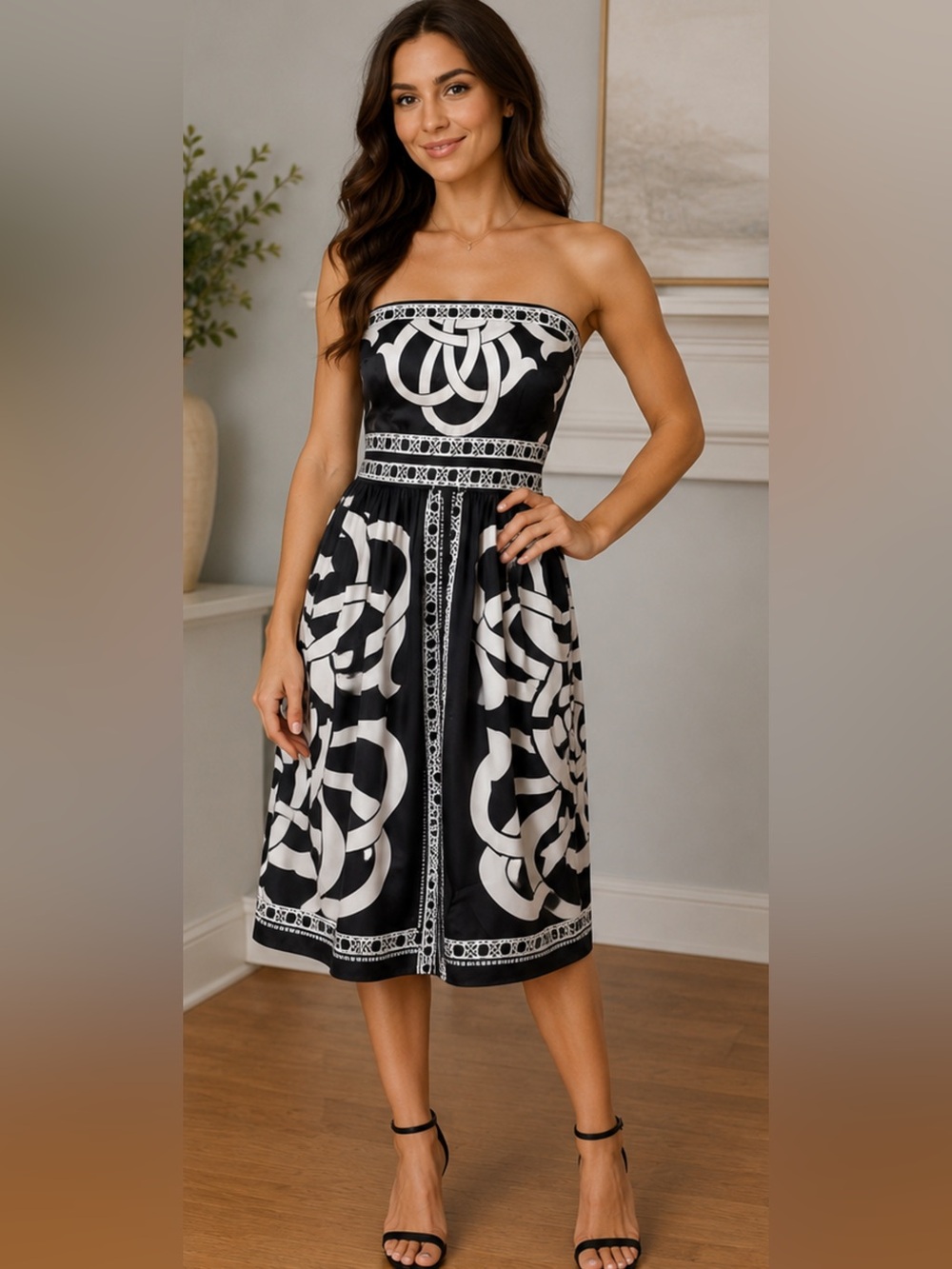 White House Black Market Strapless Black & White Printed Midi Dress | Size 4